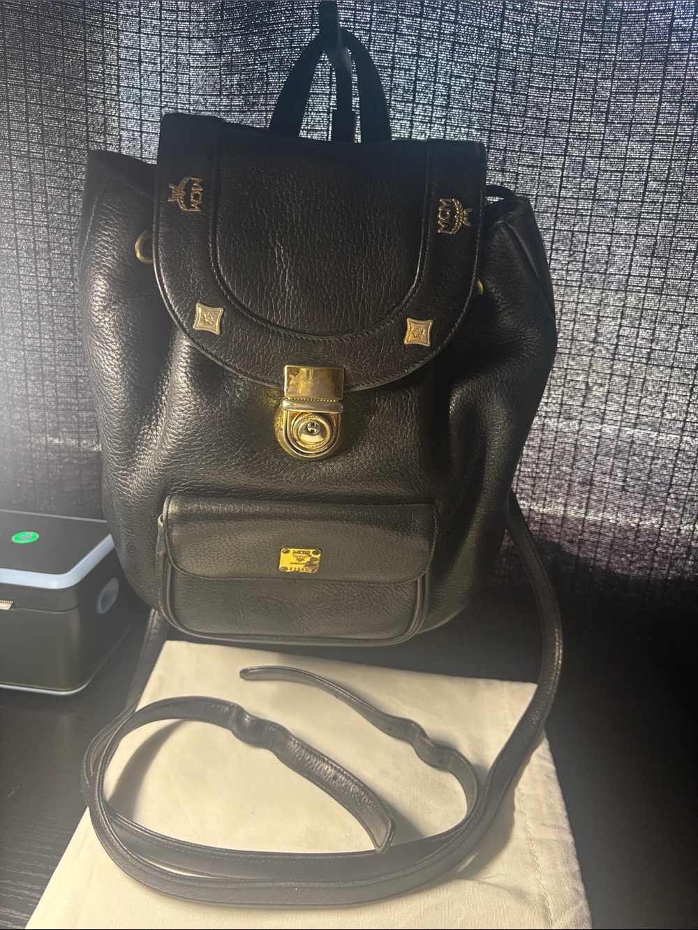 MCM vintage made in Germany Black Leather Backpack with Gold Hardware